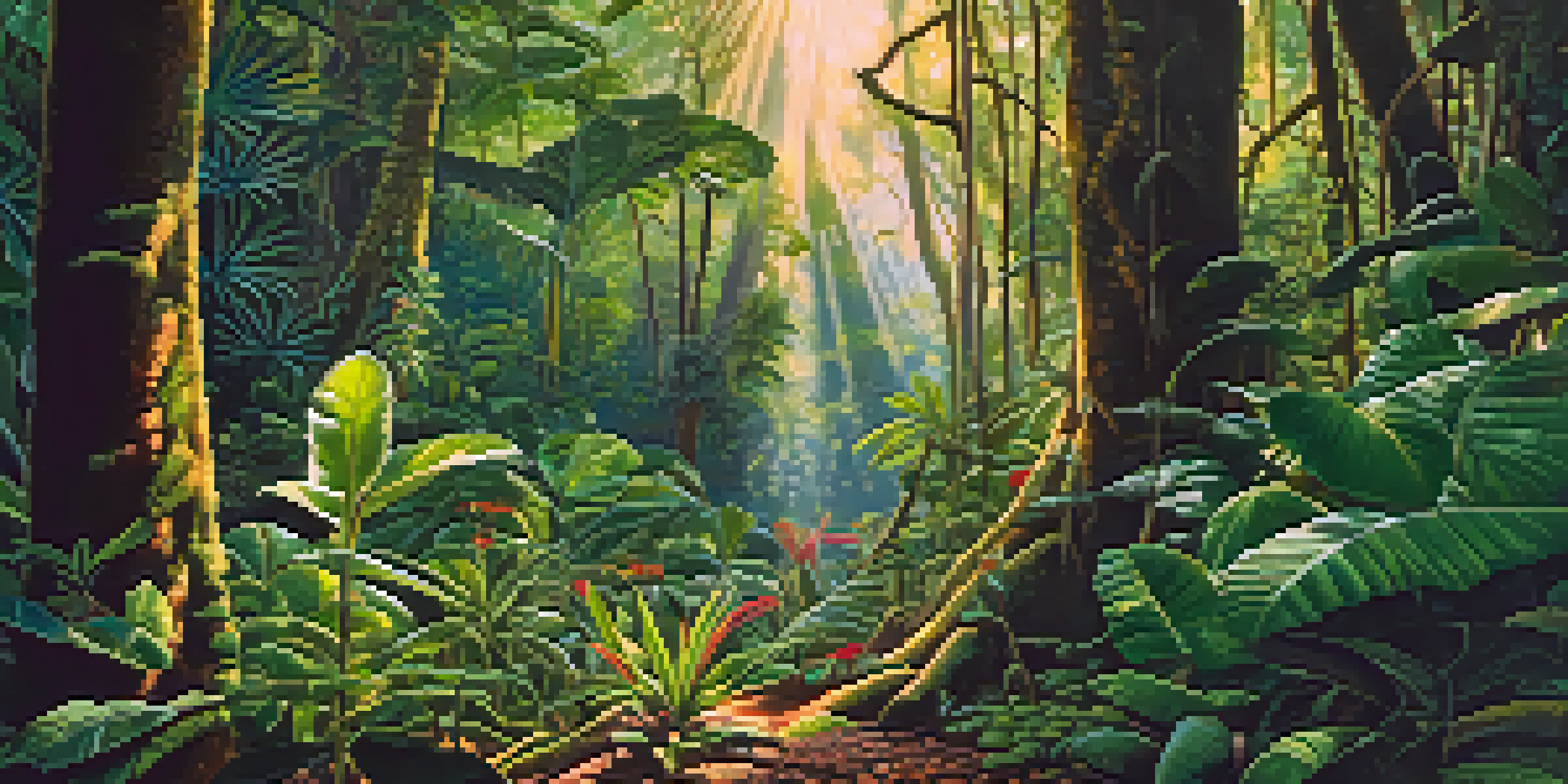 A lush Amazon rainforest filled with vibrant medicinal plants like Guaraná and Ayahuasca, with sunlight filtering through the canopy.