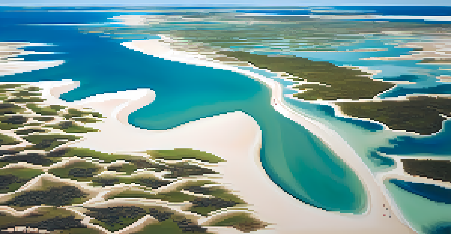 An aerial view of Lençóis Maranhenses National Park featuring white sand dunes and blue lagoons with flying birds.