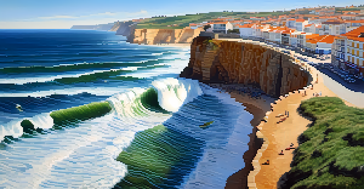 Aerial view of Praia do Norte beach with surfers and cliffs, showing vibrant surf culture.