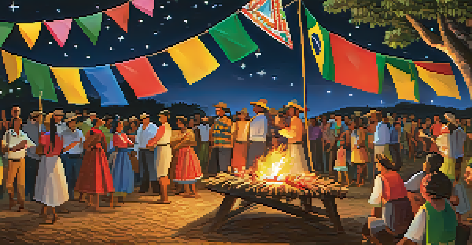 A traditional Festa Junina celebration with a bonfire, people dancing, and colorful decorations.
