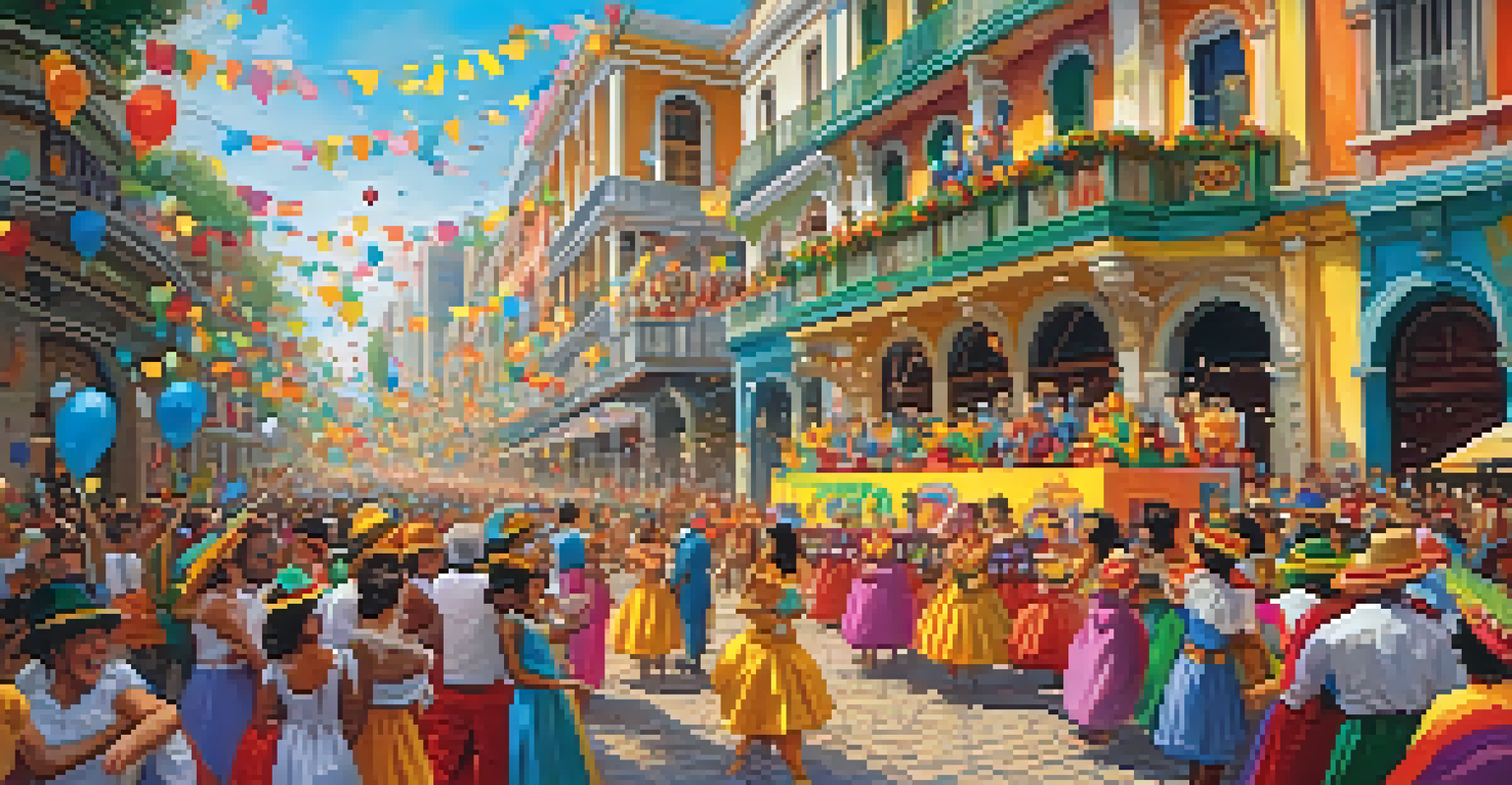 A lively Carnival parade in Brazil, showcasing colorful floats and dancers in traditional costumes, with historic buildings in the background.
