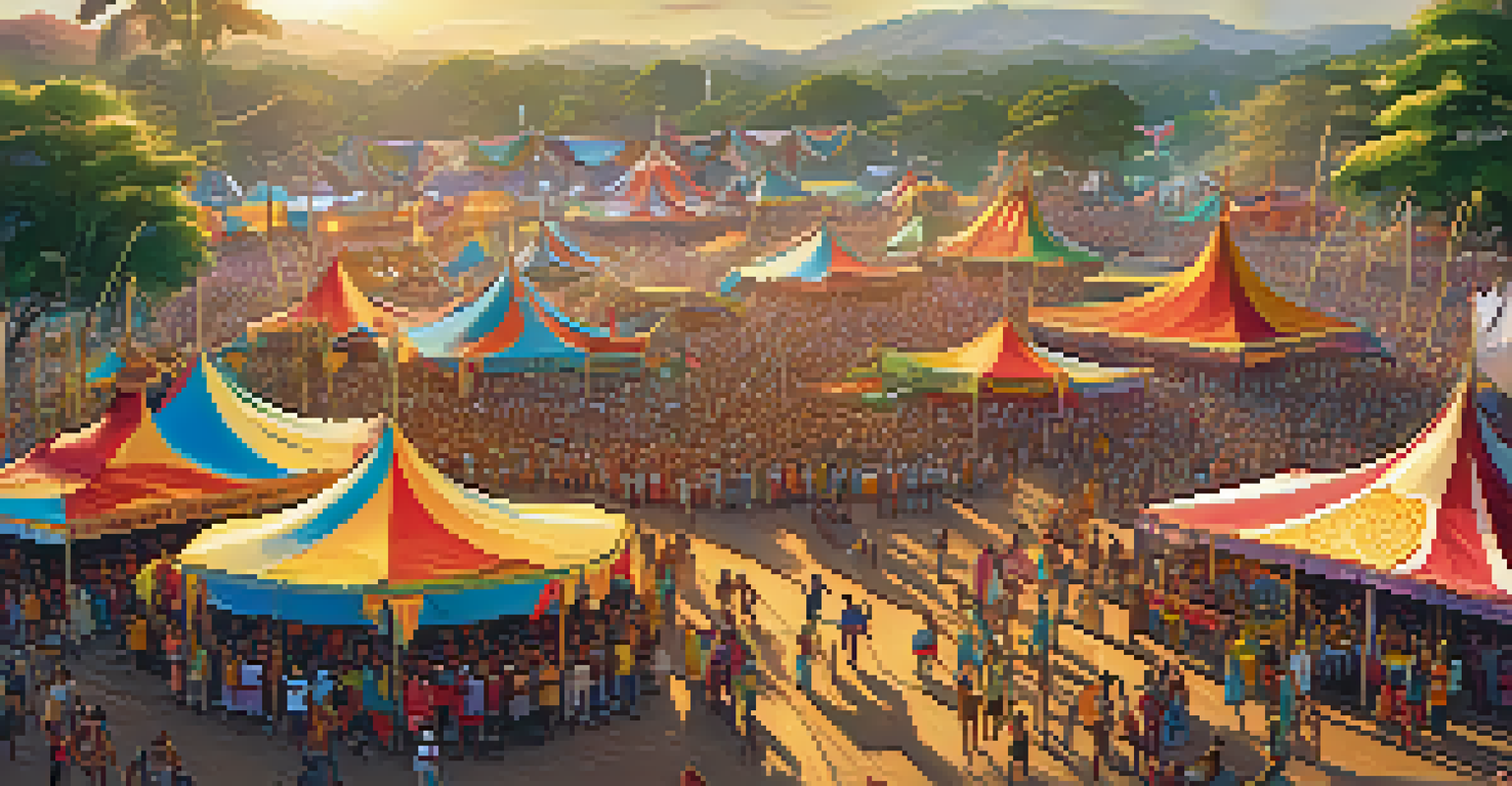 Aerial view of the Parintins Folklore Festival with attendees, stage, and colorful decorations.