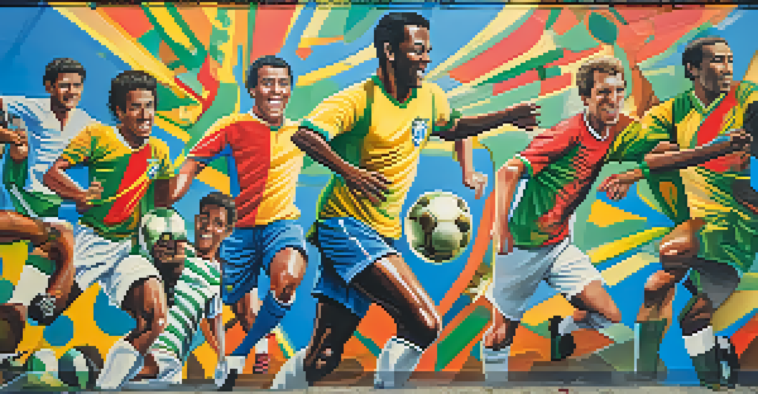 A colorful mural of legendary Brazilian football players Pelé and Zico, blending football culture with samba and local elements.