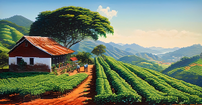 A beautiful coffee plantation in Minas Gerais, Brazil, with a farmer picking coffee cherries amidst lush green hills and traditional buildings in the background.