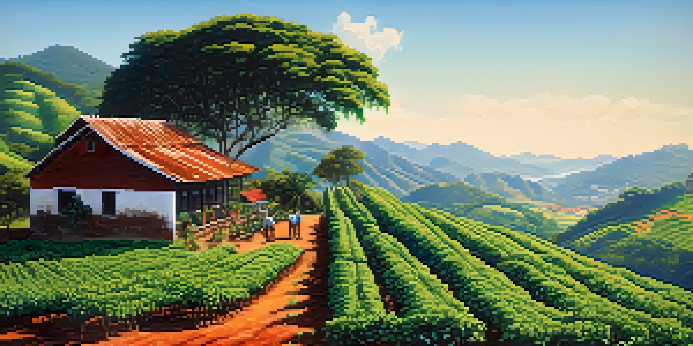 A beautiful coffee plantation in Minas Gerais, Brazil, with a farmer picking coffee cherries amidst lush green hills and traditional buildings in the background.