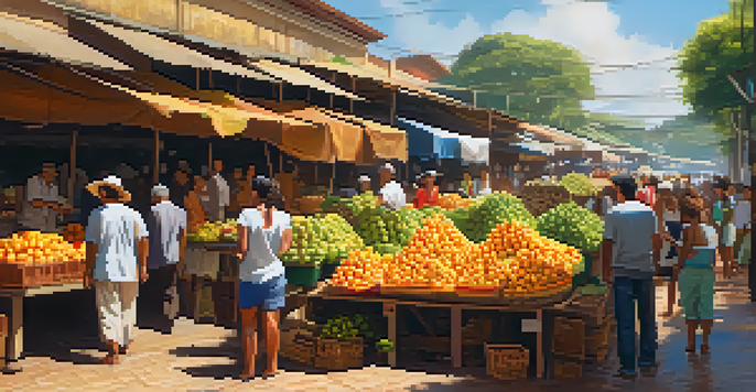 A lively Brazilian market with stalls of colorful tropical fruits under bright sunlight, showcasing vendors and shoppers.