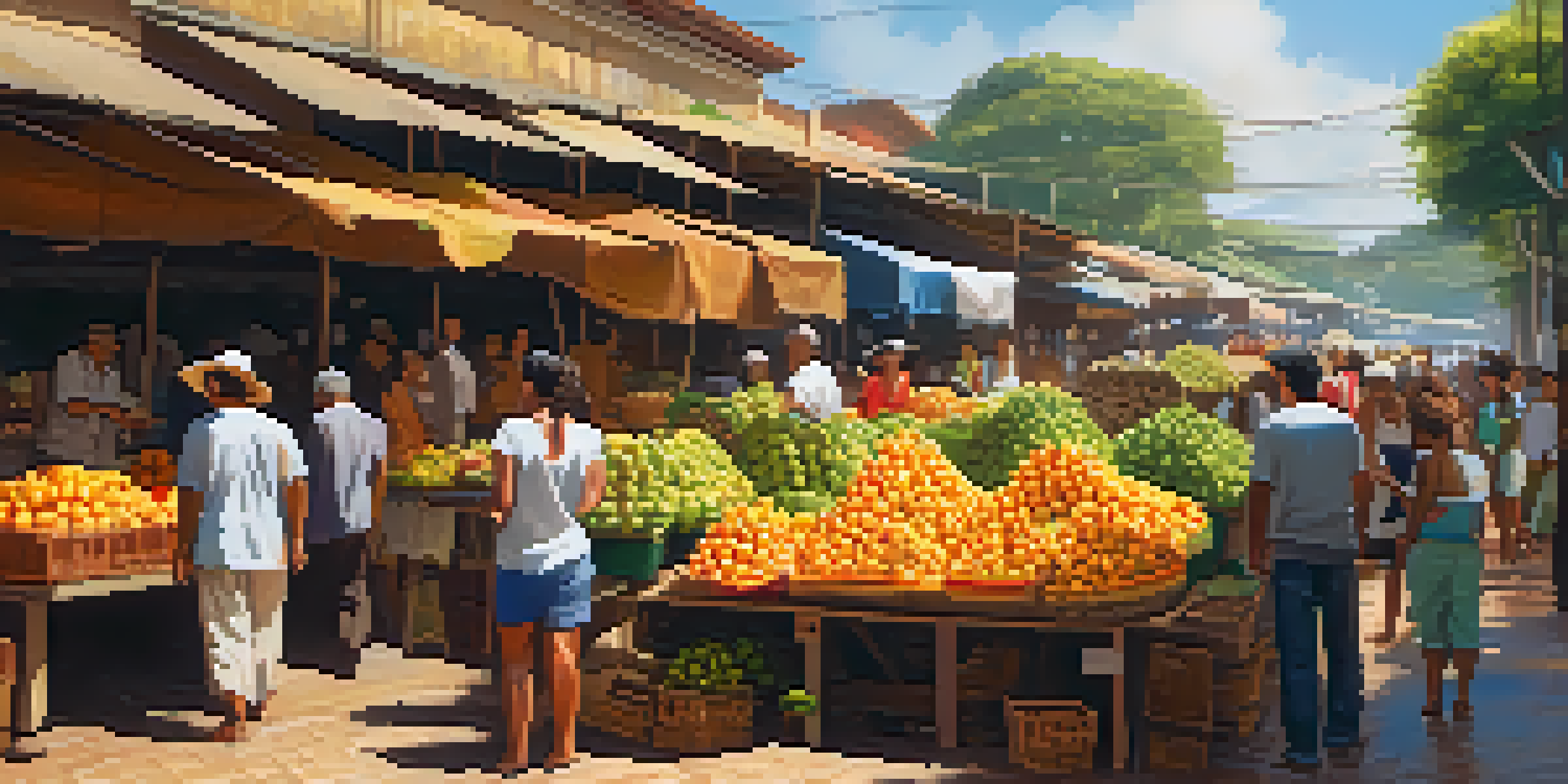 A lively Brazilian market with stalls of colorful tropical fruits under bright sunlight, showcasing vendors and shoppers.