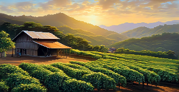 A scenic view of a Brazilian coffee farm at sunrise with green coffee plants and ripe cherries.