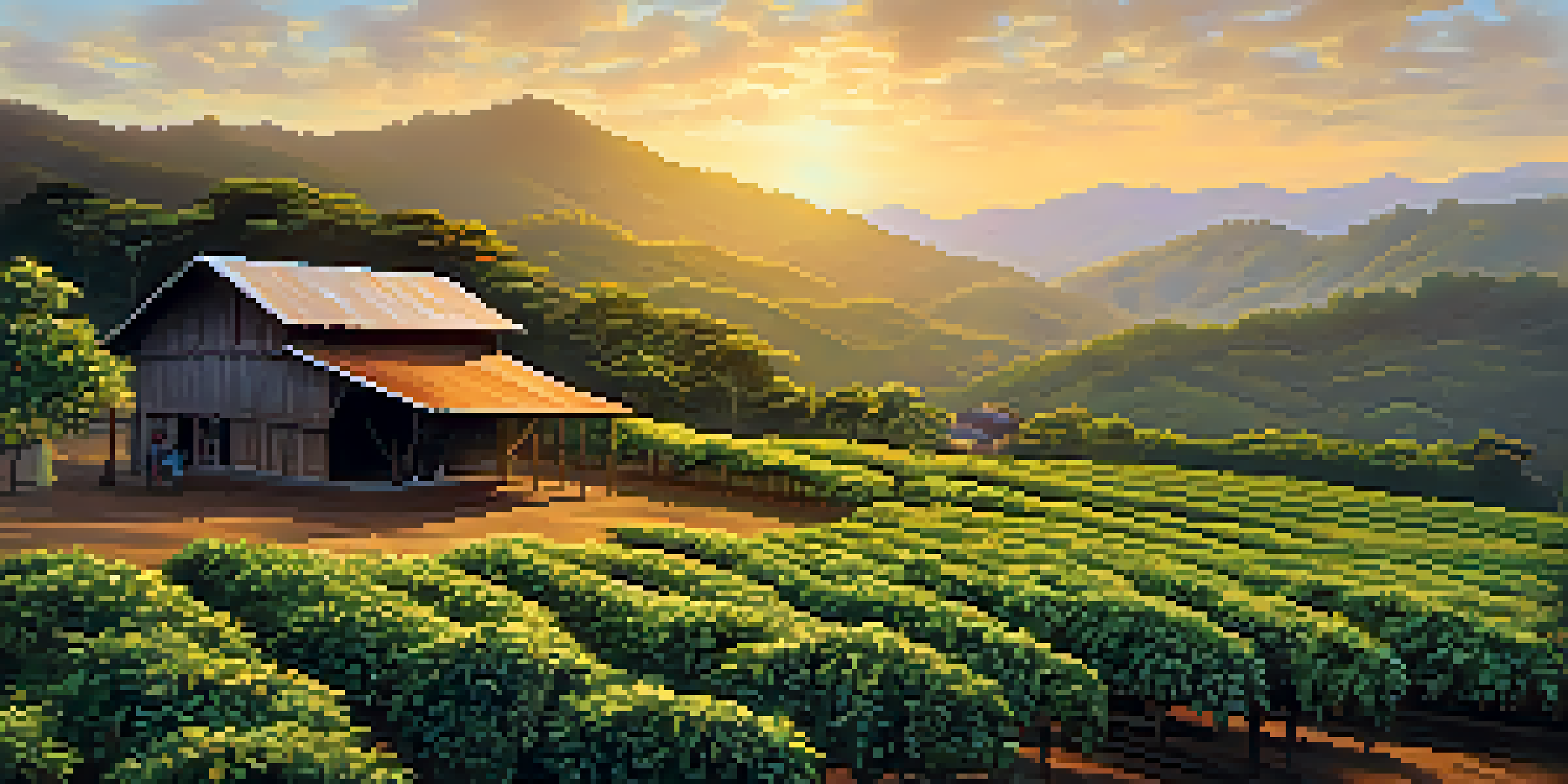 A scenic view of a Brazilian coffee farm at sunrise with green coffee plants and ripe cherries.