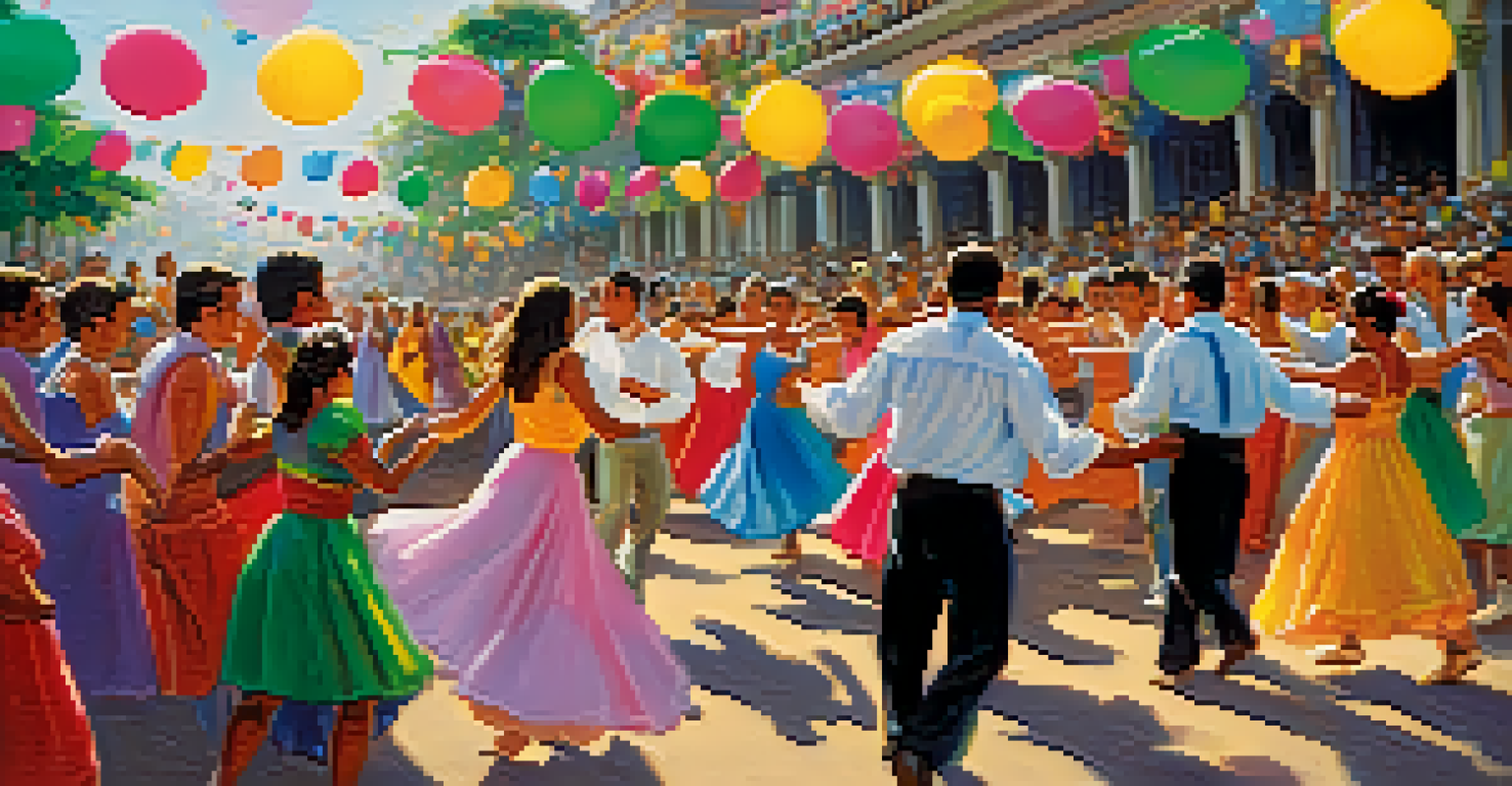 People dancing joyfully in a colorful Easter festival in Brazil, with bright costumes and festive decorations in a lively square.