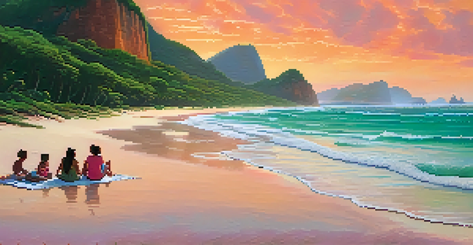 A picturesque beach at sunset with vibrant colors reflecting on the water, a family enjoying a picnic in the foreground, and lush cliffs in the background.