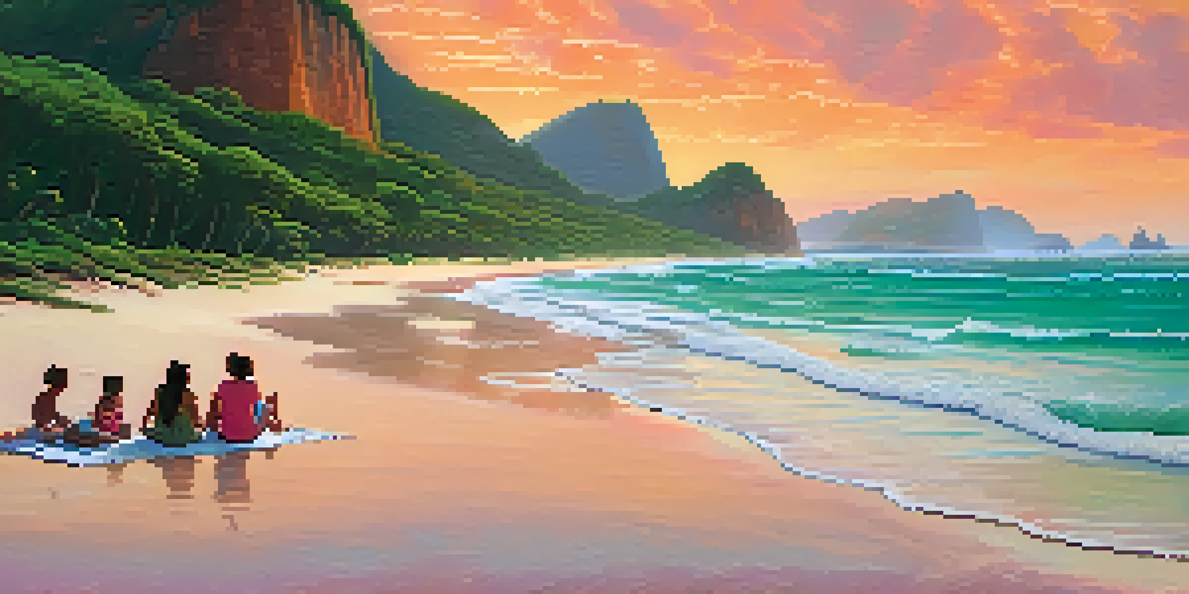A picturesque beach at sunset with vibrant colors reflecting on the water, a family enjoying a picnic in the foreground, and lush cliffs in the background.