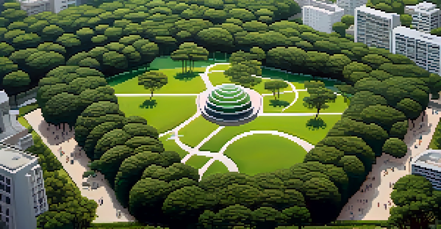 An aerial view of Ibirapuera Park in São Paulo, featuring green landscapes and modernist buildings in a tranquil setting.
