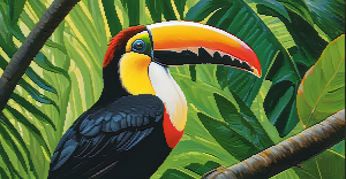 A colorful Toco Toucan sitting on a branch surrounded by lush green leaves in a rainforest.