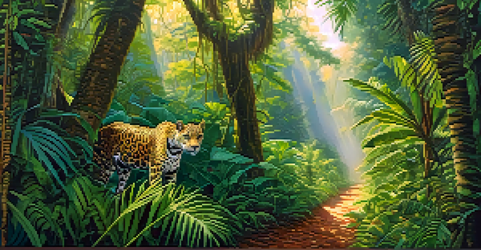 A wildlife corridor in the Amazon rainforest with a jaguar walking amidst lush greenery and colorful birds flying above.
