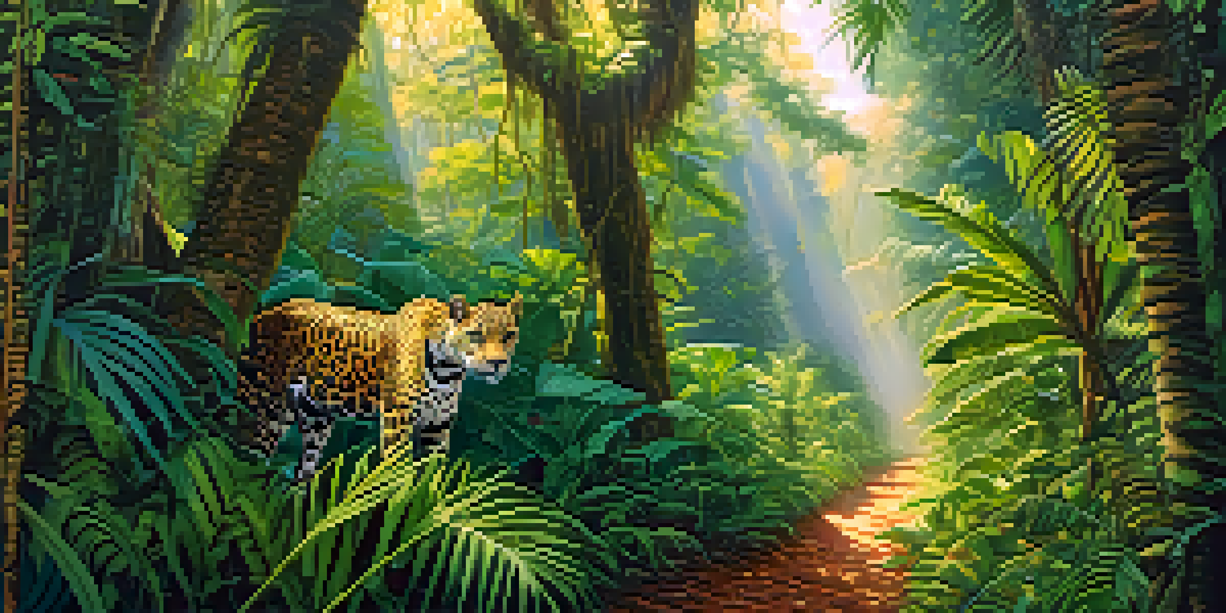 A wildlife corridor in the Amazon rainforest with a jaguar walking amidst lush greenery and colorful birds flying above.