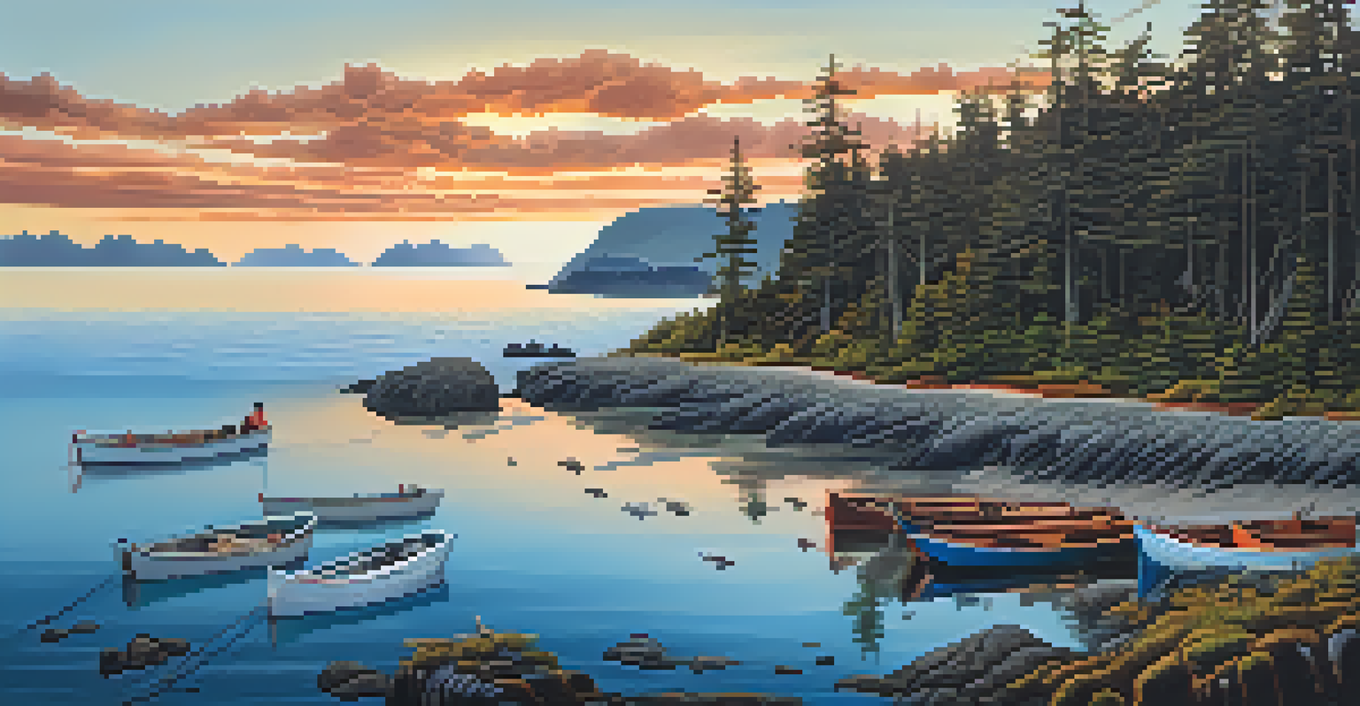 A coastal landscape of the Haida Gwaii archipelago with Indigenous people restoring fish populations, featuring the ocean, rocky shores, and a colorful sunset.