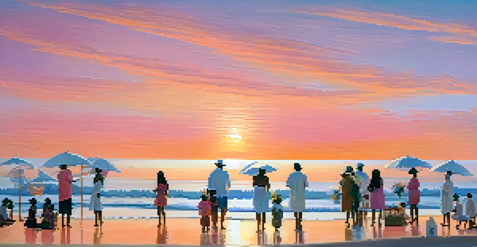 A peaceful beach scene during the Festa de Iemanjá, with people in white offering gifts to the sea at sunset.