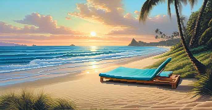 A serene hidden beach in Brazil with golden sands, turquoise waves, and lush palm trees under a sunset sky.