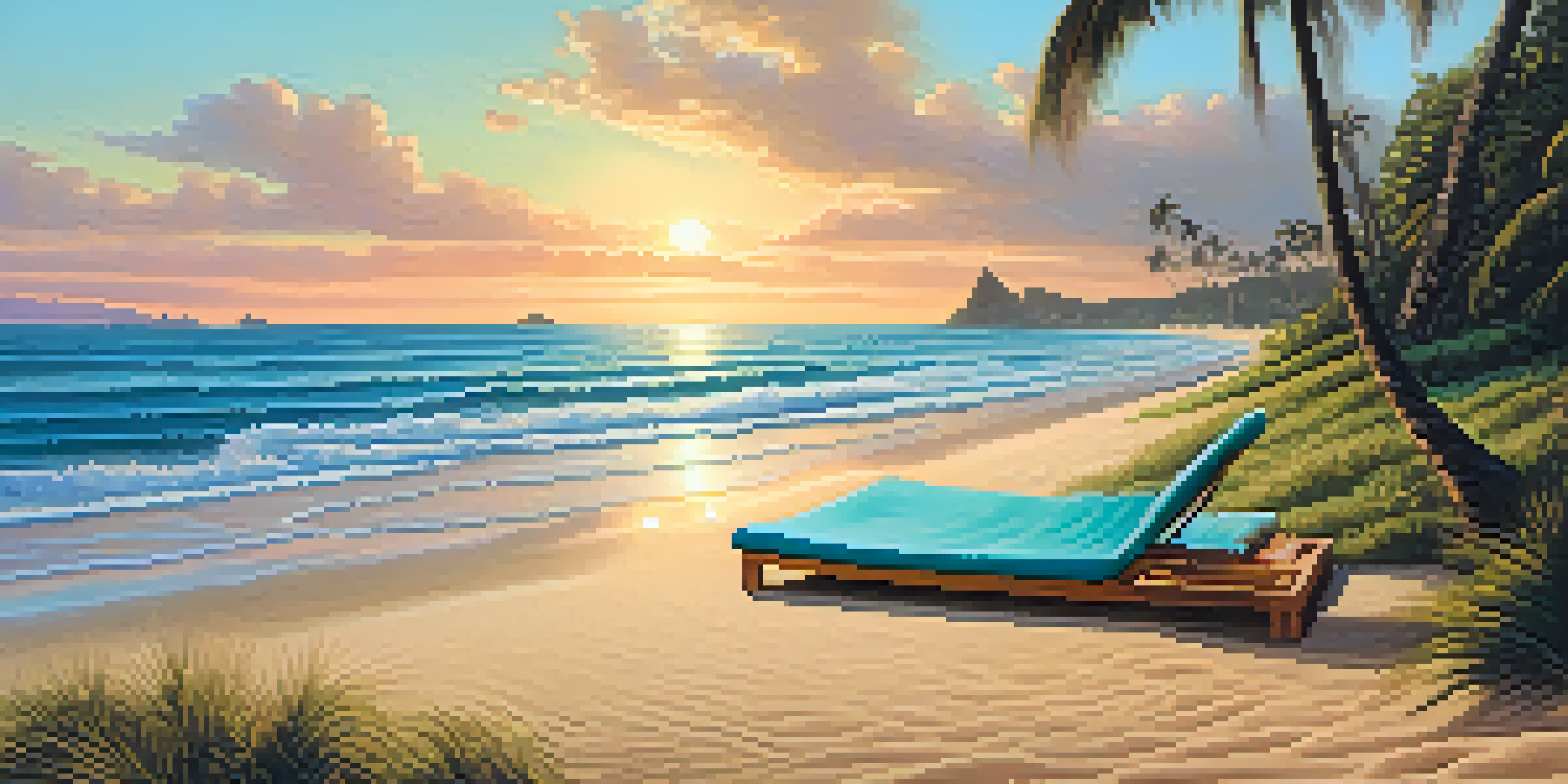 A serene hidden beach in Brazil with golden sands, turquoise waves, and lush palm trees under a sunset sky.