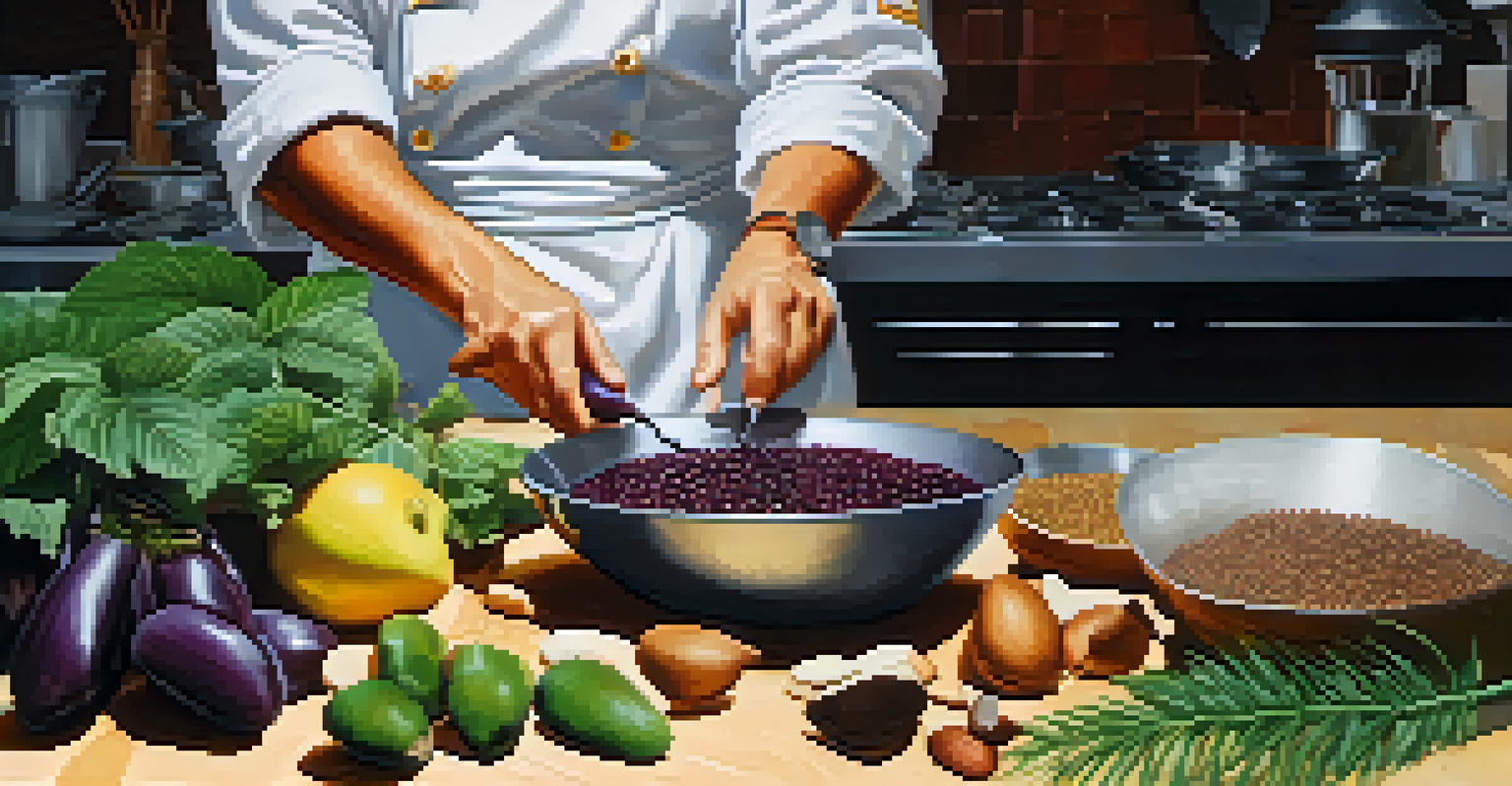 A chef in a modern kitchen creatively preparing a dish with açaí and Brazil nuts, surrounded by fresh Amazonian herbs and vegetables.