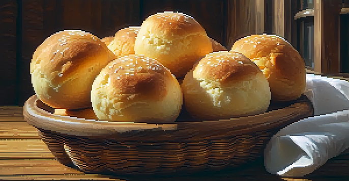 A close-up of golden-brown Pão de Queijo cheese bread on a wooden table, with natural light illuminating their crusty surface.
