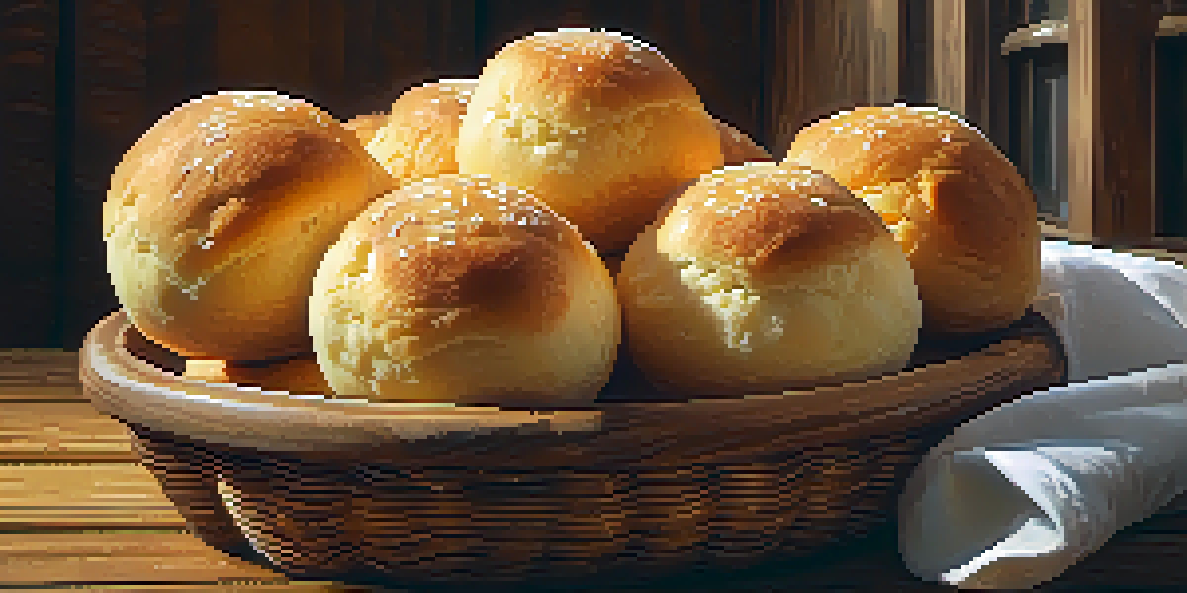 A close-up of golden-brown Pão de Queijo cheese bread on a wooden table, with natural light illuminating their crusty surface.