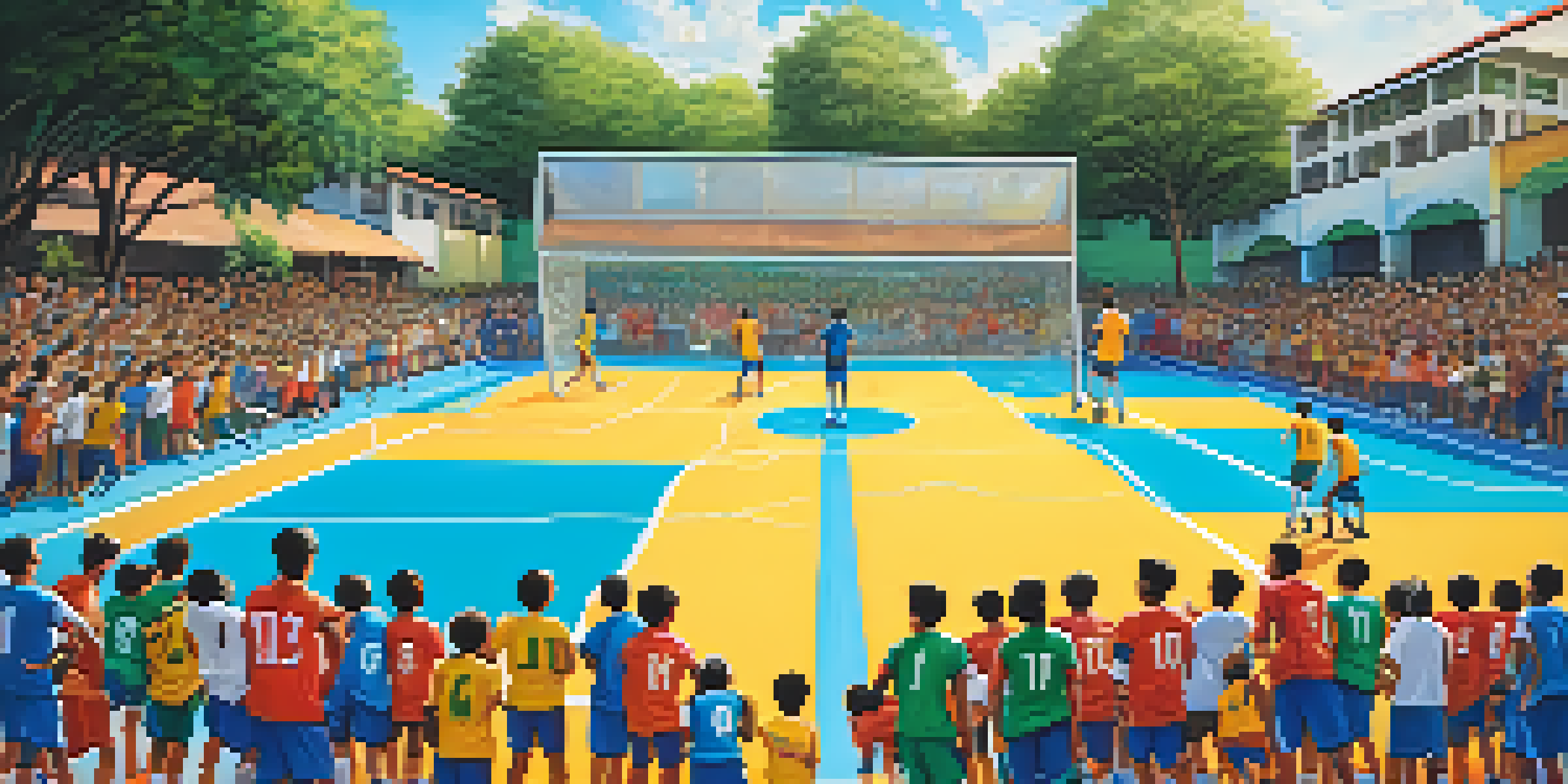 A lively futsal court in Brazil with young players in colorful jerseys, surrounded by greenery and urban buildings, showcasing the community spirit.