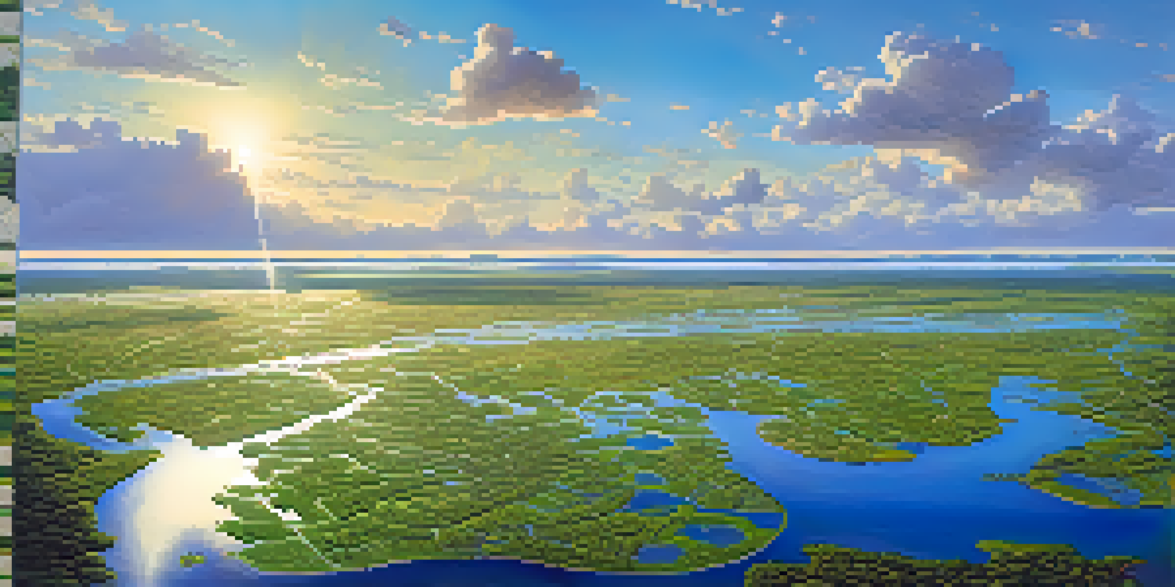 Aerial view of the Pantanal Wetland, displaying lush green grasslands and blue lakes, with birds flying in the sky under soft sunlight.