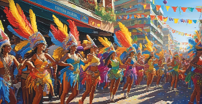 A lively scene of a Brazilian Carnival parade with dancers in colorful costumes and a crowd of enthusiastic spectators under bright sunlight.