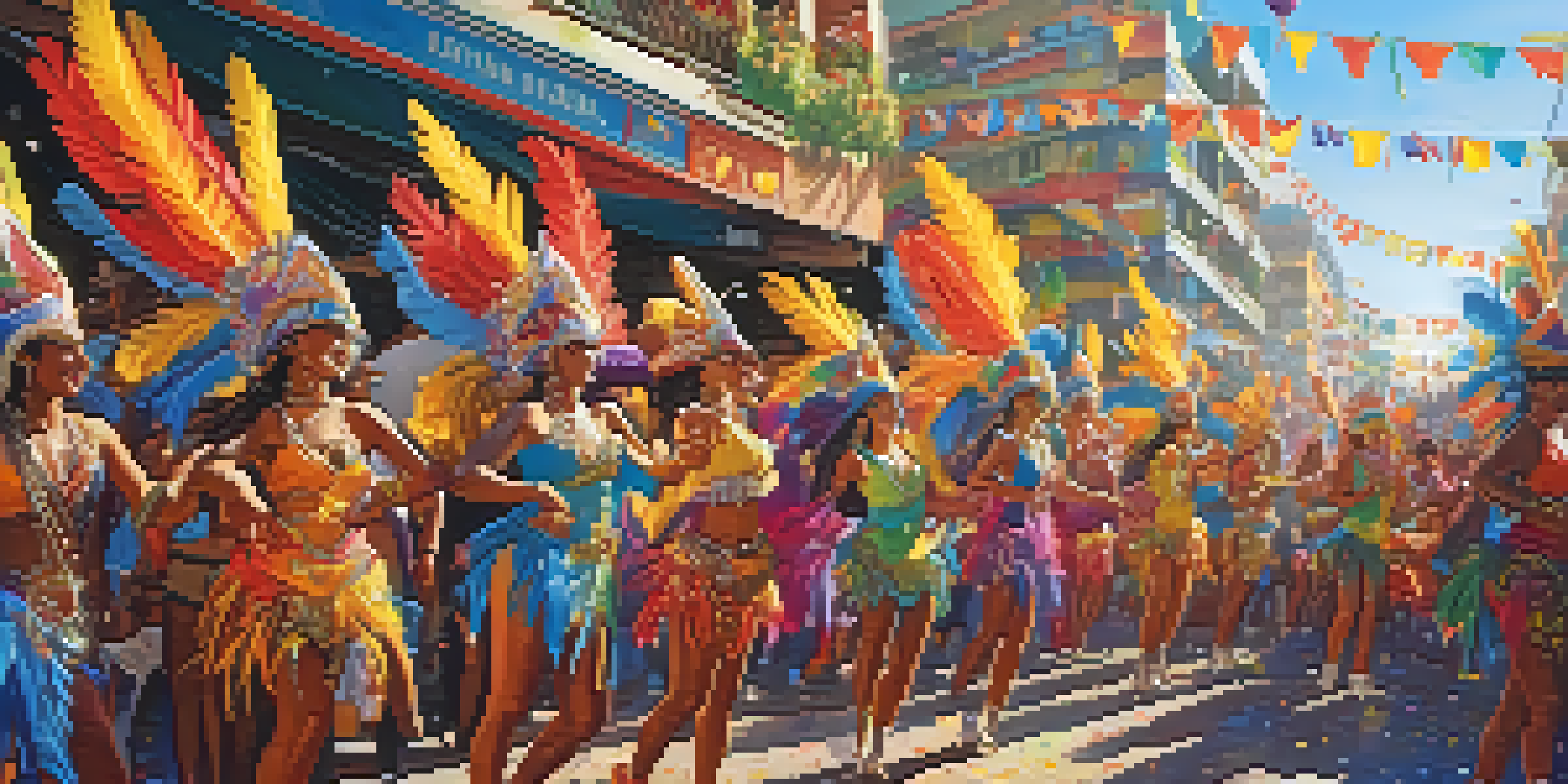 A lively scene of a Brazilian Carnival parade with dancers in colorful costumes and a crowd of enthusiastic spectators under bright sunlight.