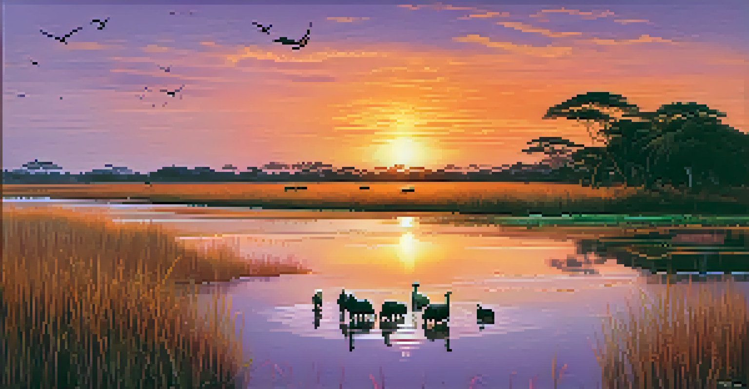 A sunset scene over the Pantanal wetlands featuring capybaras and birds with warm colors reflected in the water.
