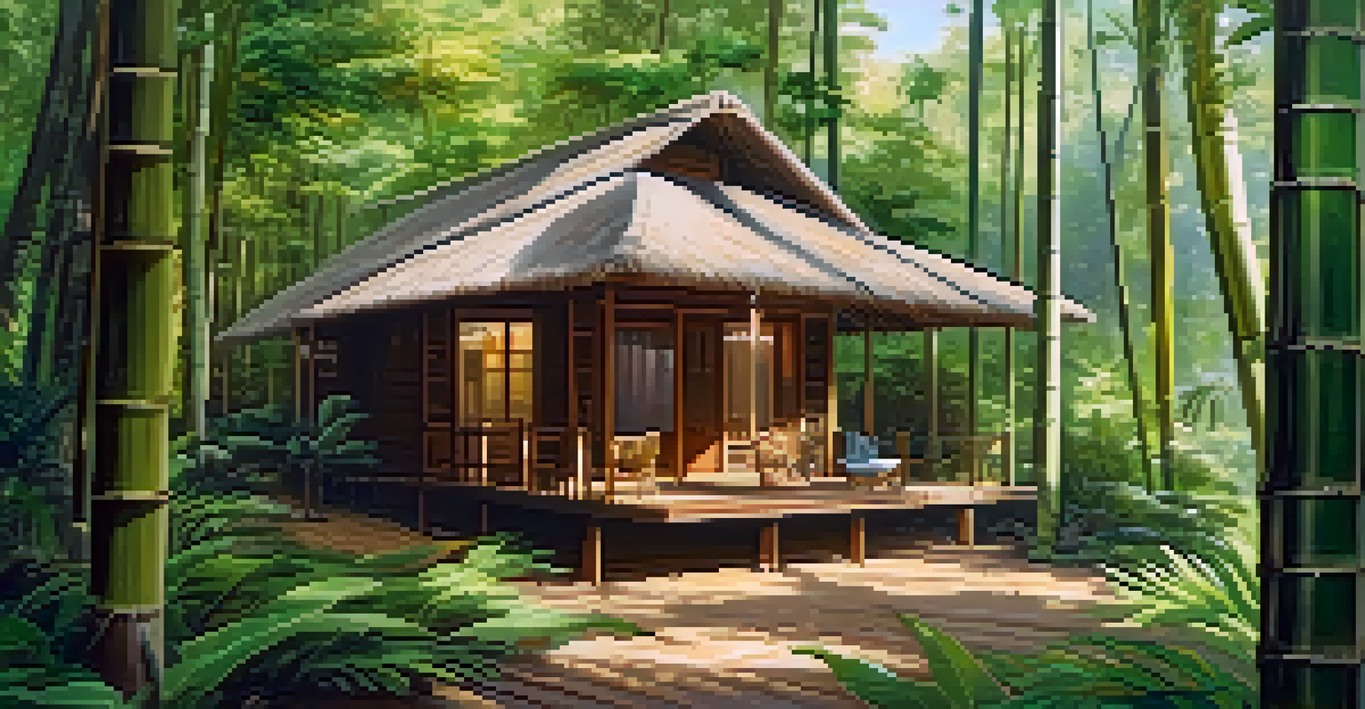 A serene eco-lodge cabin made of bamboo surrounded by lush greenery, with sunlight filtering through the trees.