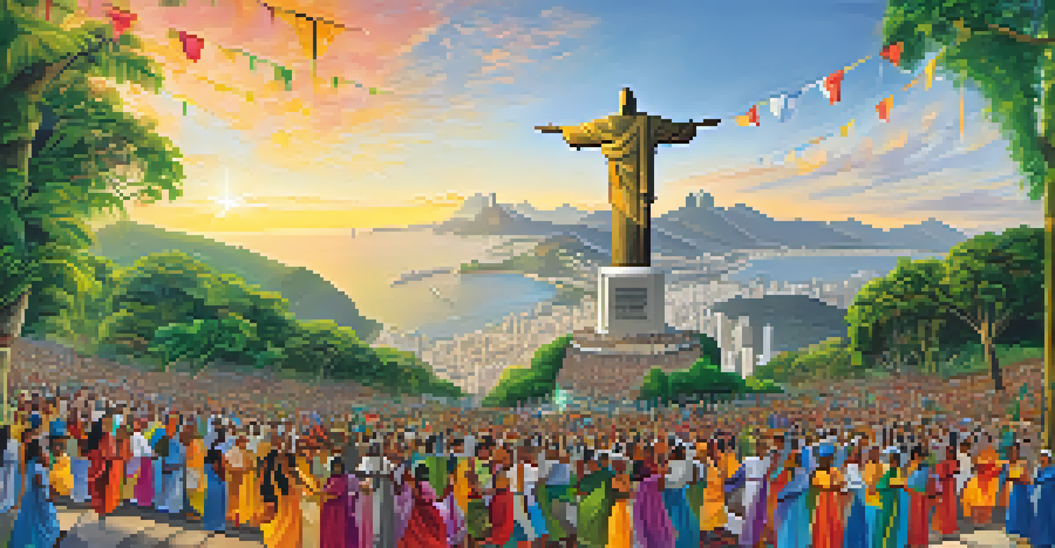 A lively cultural celebration at the feet of Christ the Redeemer, with people in colorful attire celebrating amidst decorations and lush greenery.