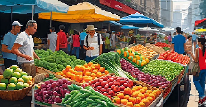 A vibrant street market in São Paulo with colorful stalls and vendors interacting with customers.