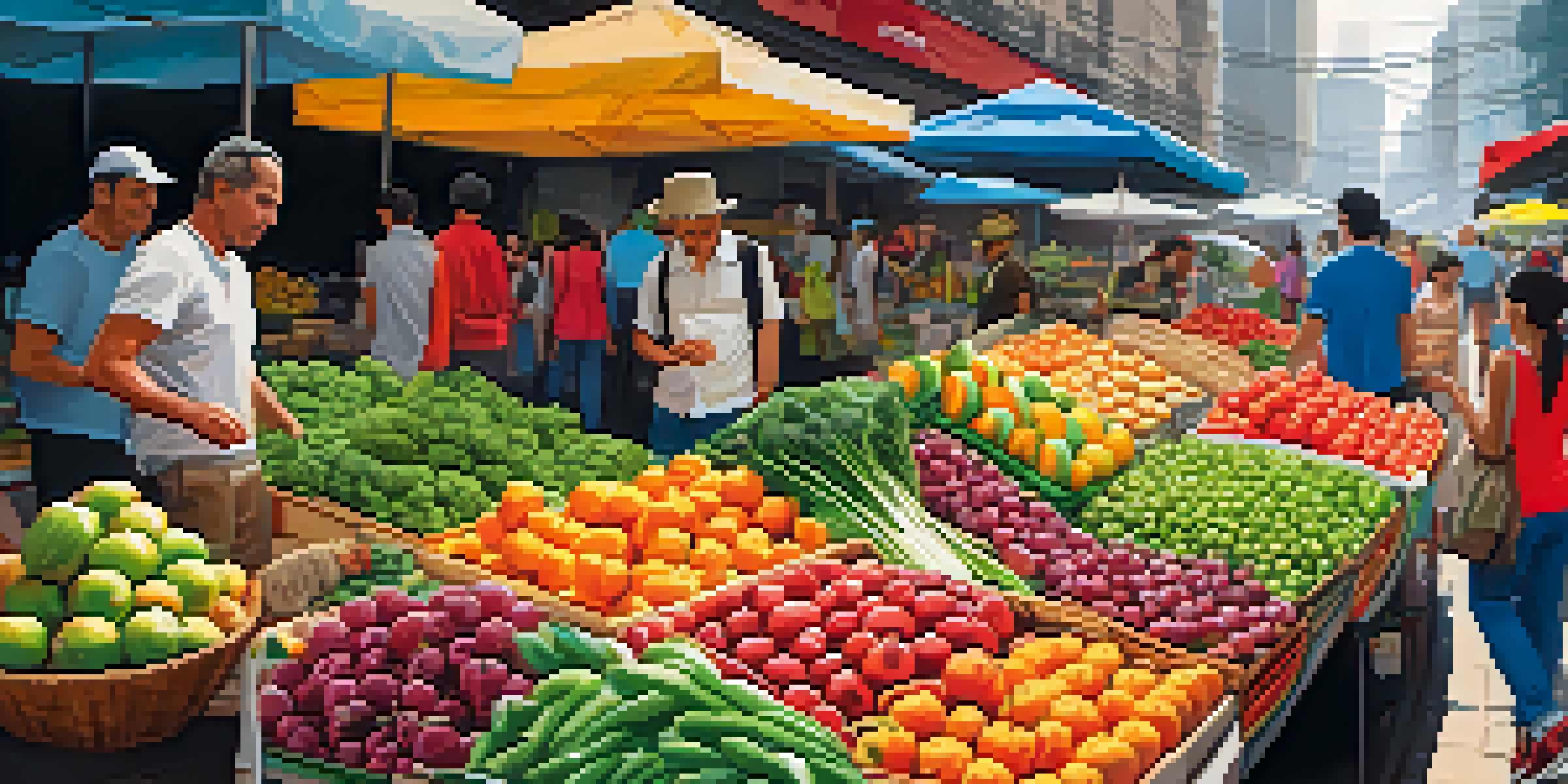 A vibrant street market in São Paulo with colorful stalls and vendors interacting with customers.