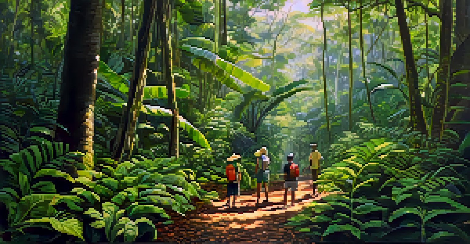 A local guide leading tourists through the Brazilian rainforest, pointing out unique plants and wildlife amidst lush greenery and soft sunlight.