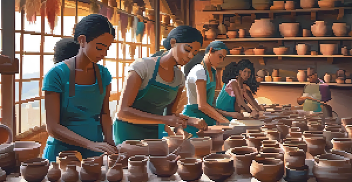 A group of diverse people engaged in a pottery workshop, surrounded by colorful ceramic art and a rustic studio ambiance.