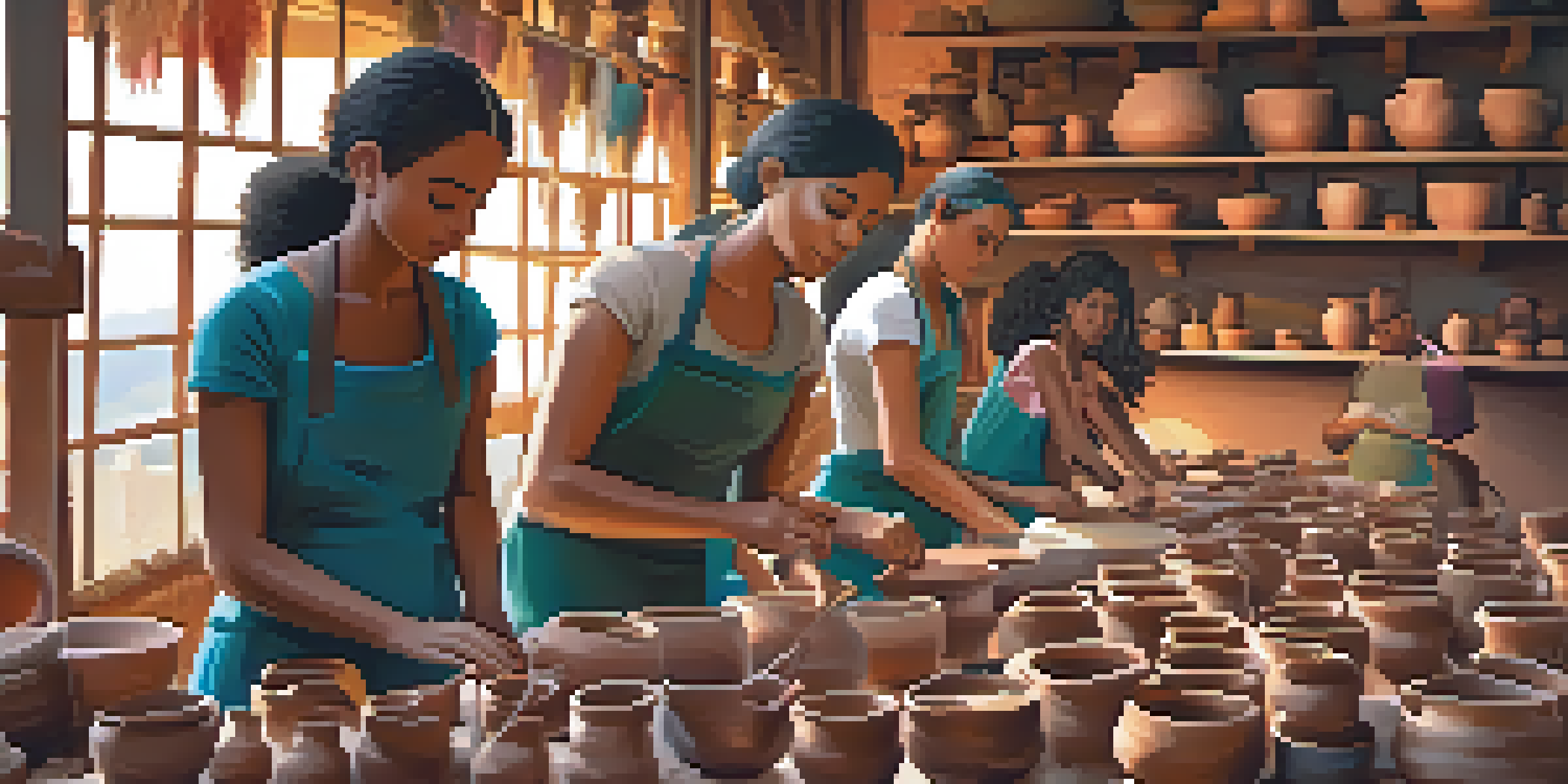 A group of diverse people engaged in a pottery workshop, surrounded by colorful ceramic art and a rustic studio ambiance.