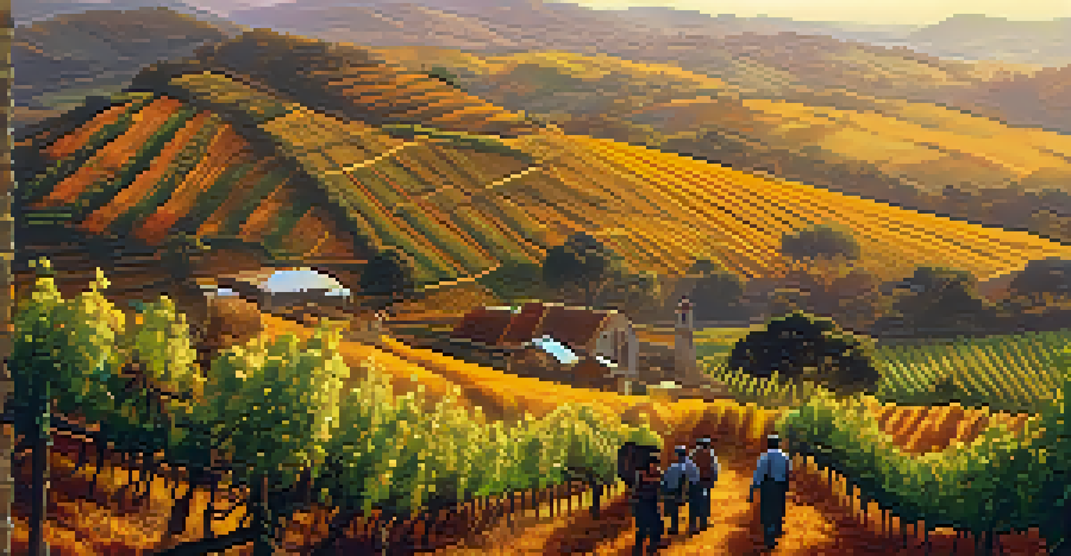 An autumn landscape in Serra Gaúcha, Brazil, with golden grapevines on rolling hills and local workers harvesting grapes in the foreground.
