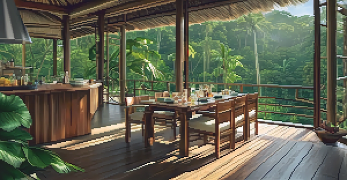 An eco-lodge surrounded by the Amazon rainforest, featuring large windows and a cozy interior with wooden furnishings, a breakfast spread on the deck, and sunlight filtering through the trees.