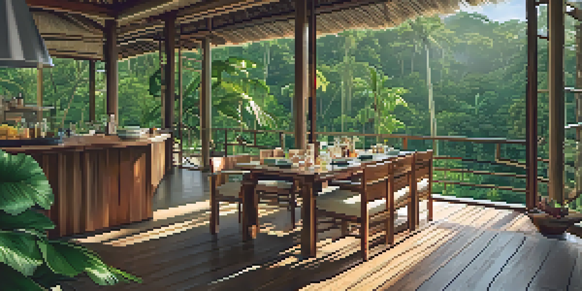 An eco-lodge surrounded by the Amazon rainforest, featuring large windows and a cozy interior with wooden furnishings, a breakfast spread on the deck, and sunlight filtering through the trees.