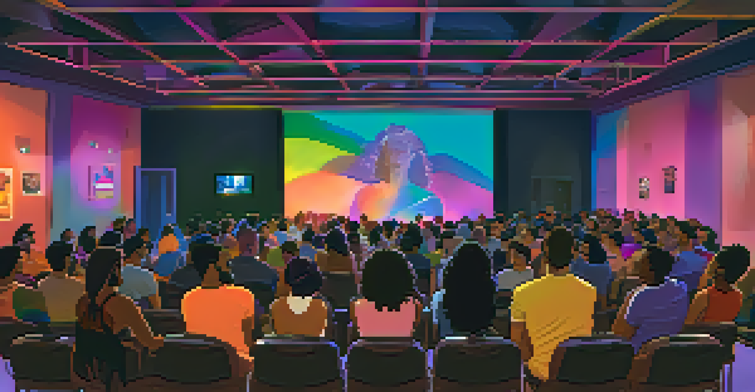 An audience watching a film at a Brazilian LGBTQ+ film festival, with a cozy atmosphere and colorful lighting.