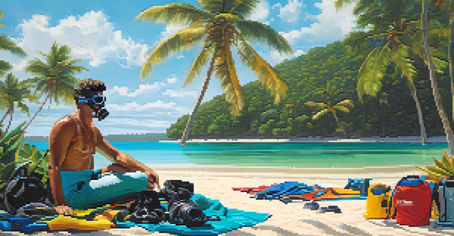 A diver checking their gear on a sandy beach in Brazil, with turquoise water and greenery in the background.