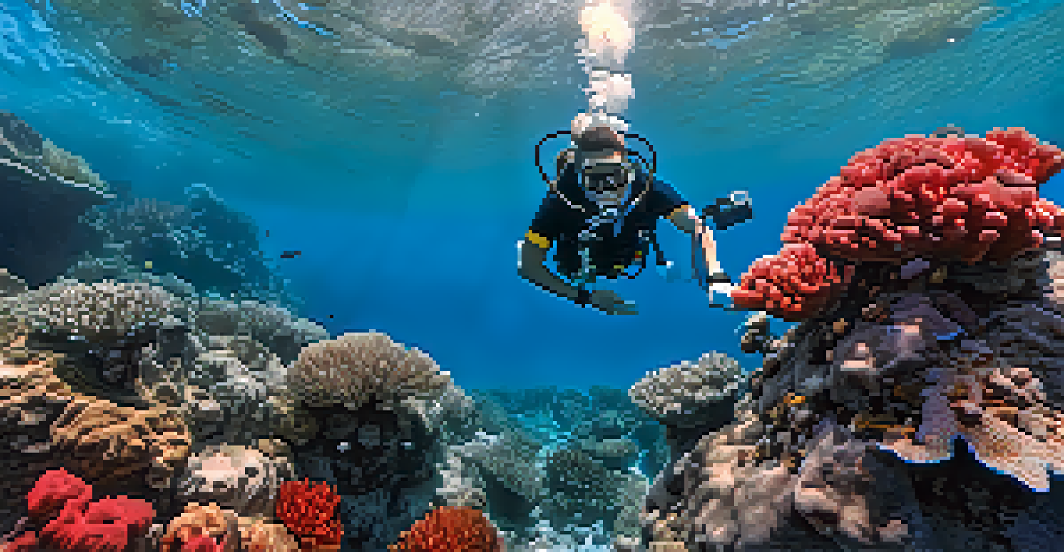 A diver photographing a coral formation underwater, with vibrant colors enhanced by a red filter and bubbles in the background.