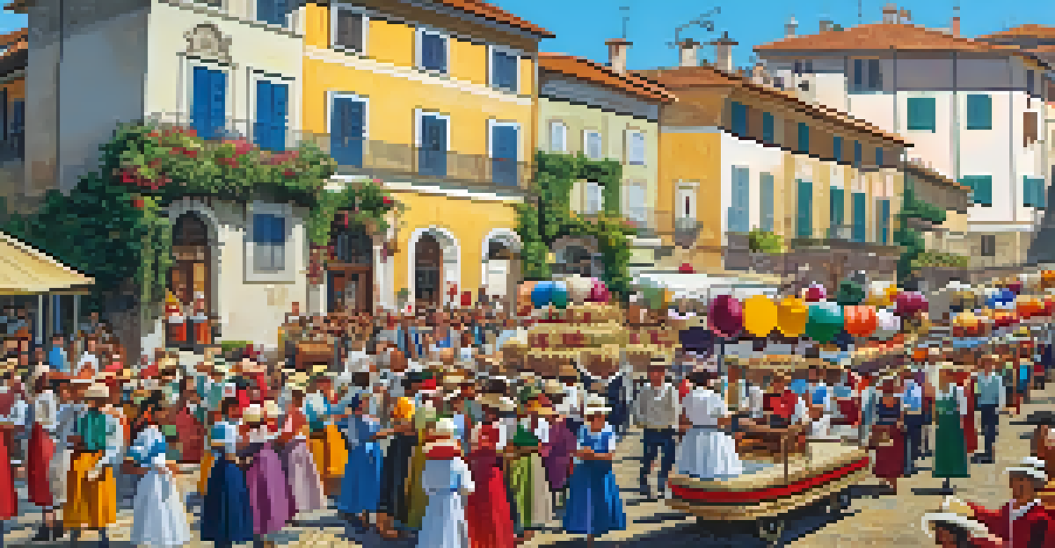 A lively parade at the Festa da Uva wine festival featuring locals in traditional costumes and colorful floats amidst vineyards.