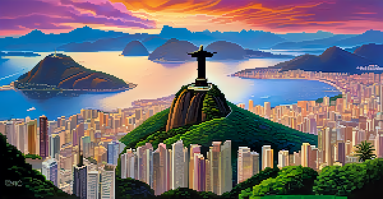 A panoramic view of Rio de Janeiro with Christ the Redeemer statue at sunset.