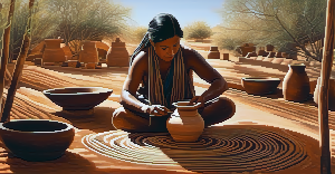 An indigenous artisan shaping pottery with intricate designs, surrounded by natural materials and sunlight filtering through trees.