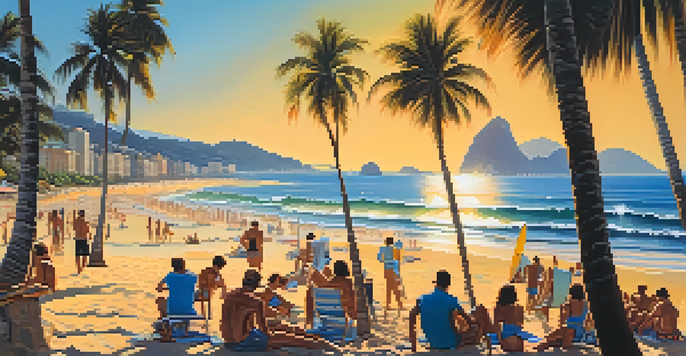 A lively beach scene at Copacabana with people relaxing under palm trees and surfers in the water, illuminated by a golden sunset.