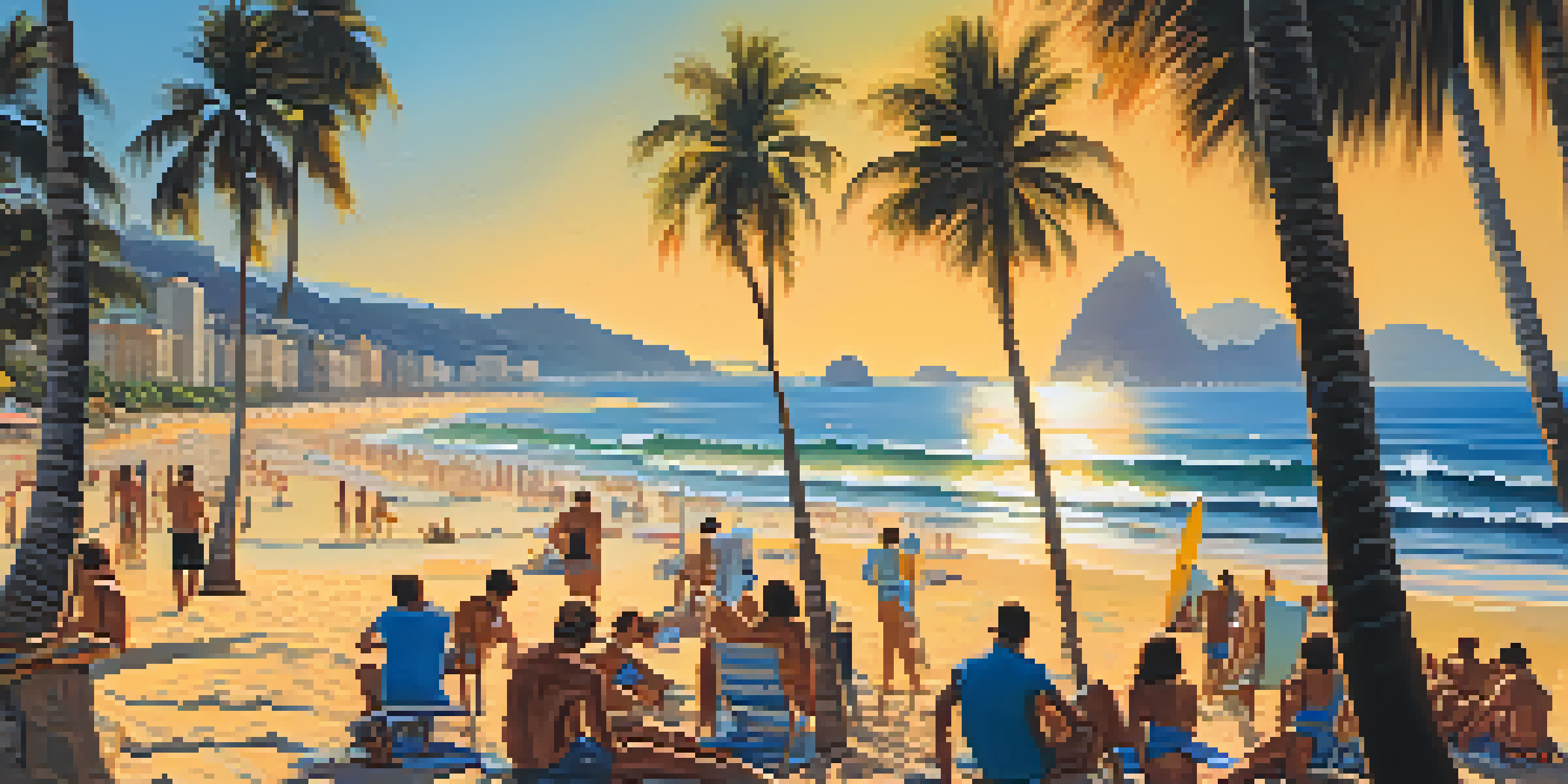 A lively beach scene at Copacabana with people relaxing under palm trees and surfers in the water, illuminated by a golden sunset.